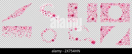 Sakura Blütenblätter Kompositionen Set. Blumendekoration auf transparentem PNG-Hintergrund. Wirbel, Welle, Seitenbereich, rund, horizontal und vertikal, Ecke. Stock Vektor