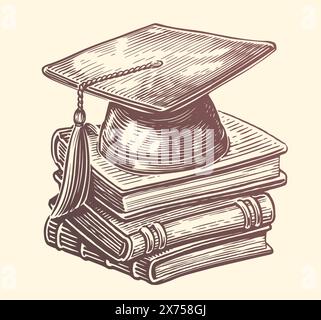 Abschlusskappe auf einem Stapel Bücher. Bildungs- und Studienkonzept. Clipart Skizzenzeichnung Stock Vektor