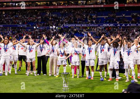 Lyon, Frankreich. Mai 2024. Die Spieler von Olympique Lyonnais feiern die französische Meisterschaft während des D1 Arkema Playoff Endspiels zwischen Olympique Lyonnais und Paris Saint-Germain im Groupama-Stadion in Lyon. (Pauline FIGUET/SPP) Credit: SPP Sport Press Photo. /Alamy Live News Stockfoto