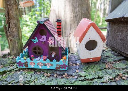 Sammlung von Vogelhäusern, die von Kindern gebaut und auf umgestürzten Bäumen im Wald platziert wurden. Stockfoto