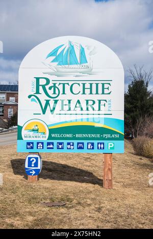 Willkommen im Ritchie Wharf Park Schild in Miramichi, New Brunswick, Kanada Stockfoto