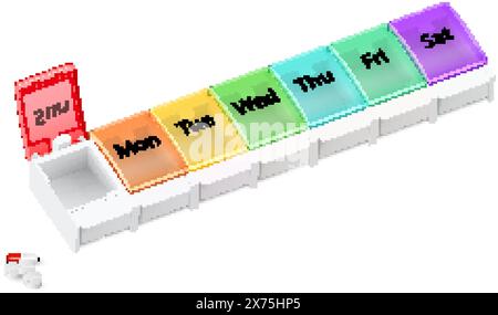 Illustration von Kunststoff Apotheke Organisator für Pillen für jeden Tag der Woche. Ein wöchentlicher Medizin-Spender wurde für Sonntag auf weißem Hintergrund geöffnet Stock Vektor