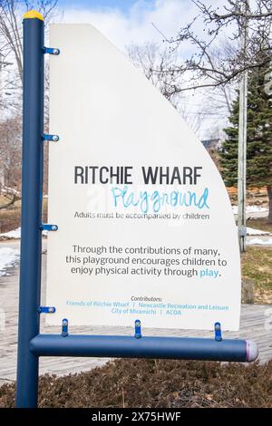 Ritchie Wharf Park Spielplatzschild in Miramichi, New Brunswick, Kanada Stockfoto