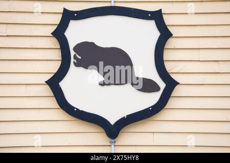 Lord Beaverbrook Logoschild in Miramichi, New Brunswick, Kanada Stockfoto