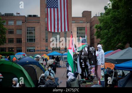 GWU, DC, USA - 4. Mai 2024: Pro-palästinensische Demonstranten verunstalten die Statue von George Washington an der George Washington University Stockfoto