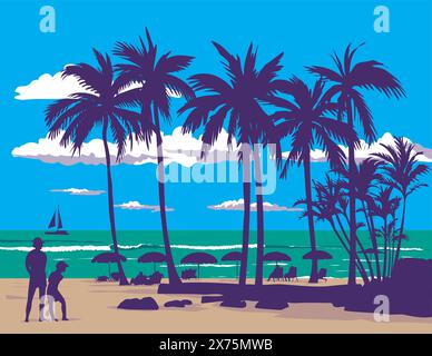 WPA Poster Art of Waikiki Beach in Honolulu County auf der Insel Oahu, Hawaii USA in Done in Works Projekt Administration Stil oder Federal Art Proj Stock Vektor