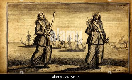 Illustration der englischen Piratin Mary Read (1685–1721), auch bekannt als Mark Read, und der irischen Piratin Anne Bonny (* 1697). Von Einer allgemeinen Geschichte der Pyrate, von ihrem ersten Aufstieg und ihrer Ansiedlung auf der Insel Providence bis zur Gegenwart. Mit den bemerkenswerten Aktionen und Abenteuern der beiden weiblichen Pyraten Mary Read und Anne Bonny von Captain Charles Johnson und Daniel Defoe (1724). Stockfoto