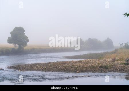 Nebeliger Morgen auf dem Mersey River in Latrobe, Tasmanien Stockfoto