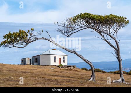 Ruby Hunt's Cottage hoch auf einem Hügel mit Blick auf Darlington, Maria Island Tasmanien Stockfoto