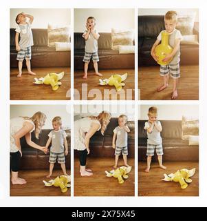 Collage, Mutter und Junge wegen Schimpfungen oder Ärger, nachdem sie zu Hause die Vase zerbrochen haben, um bestraft und geerdet zu werden. Mama, Kind und Montage für die Disziplin des Kindes Stockfoto