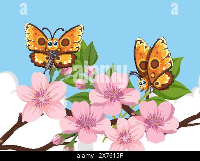 Zwei leuchtende Schmetterlinge auf rosa Kirschblüten Stock Vektor