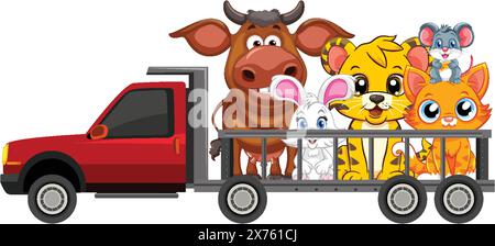 Bunte Tiere, die zusammen in einem roten Truck reiten Stock Vektor