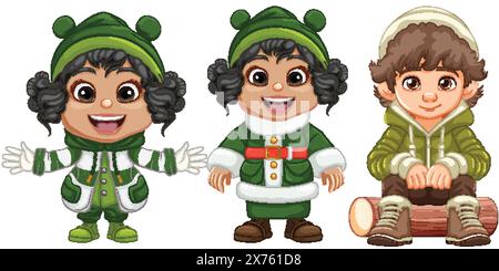 Drei Kinder in festlichen Winteroutfits Stock Vektor