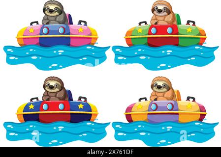 Vier Faultiere in bunten Bumperbooten auf dem Wasser Stock Vektor