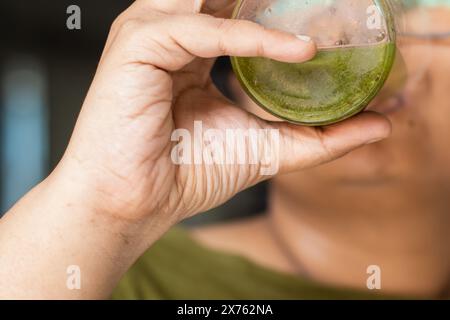 Morgens entgifteten grünen Gemüsesaft aus einem Glas trinken. Hände einer jungen Frau, die das Glas hält. Stockfoto