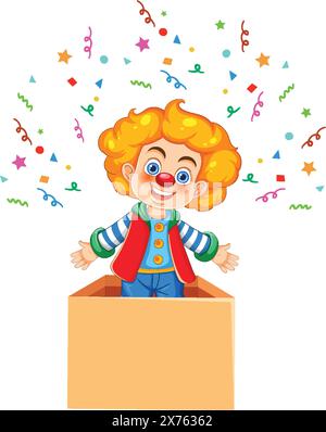 Farbenfroher Clown, der aus einer Überraschungsbox auftaucht Stock Vektor