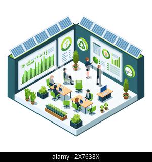 Isometrisches Sustainable Business Office oder Eco-friendly Workplace. ESG Environmental Social and Governance oder Sustainable Business Concept. Stock Vektor