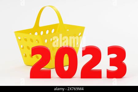 Kleine Symbole, die 2023 Weihnachtsstimmungszeichen 2023 auf hellem Hintergrund zeigen. Leerer Bereich. Modernes Minimal New Year Concept 3D-Rendering-Illustration Stockfoto