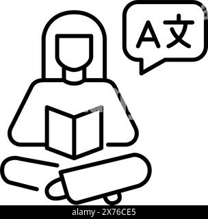 Frau liest ein Buch mit Sprachsymbolen, Sprechblase. Lernen von Sprachen durch Lehrbücher. Vektorsymbol Stock Vektor