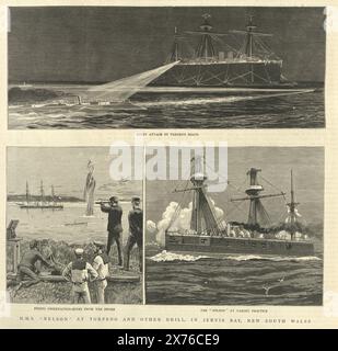 HMS Nelson bei Torpedo und anderen Bohrern in Jervis Bay, New South Wales, 1880er Jahre Stockfoto