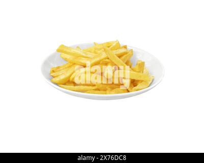 Pommes Frites auf der weißen Platte isoliert auf weiß. Pommes frites, frittierte Kartoffeln oder Fingerchips Snack. Stockfoto