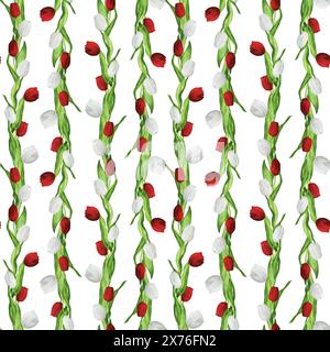 Handgezeichnete Aquarellillustration. Nahtloses Blumenmuster mit roten und weißen Tulpen Stockfoto