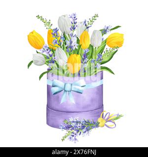 Handgezeichnete Aquarellillustration. Blumenstrauß mit weißen und gelben Tulpen, Lavendel und grünen Blättern. Frühlingsstrauß in Geschenkbox und s Stockfoto