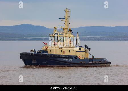 Schlepper Svitzer Avon wartet auf die Ankunft des Kreuzfahrtschiffes Ambition, es in die Royal Portbury Docks zu bringen Stockfoto