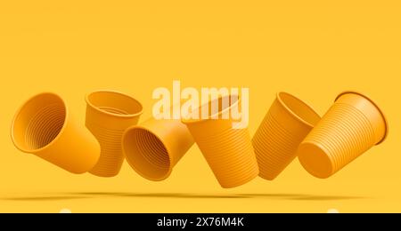 Set aus Kunststoff Einweg-Partybecher isoliert auf monochromem gelbem Hintergrund. 3D-Rendering von Take Away Glas für Saft, frisch, Bier Stockfoto