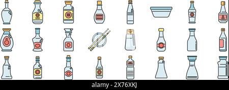 Symbole für Sojasauce legen den Konturvektor fest. Sashimi gebraten. Tempura-Garnelen, dünne Linie, flach auf weiß Stock Vektor