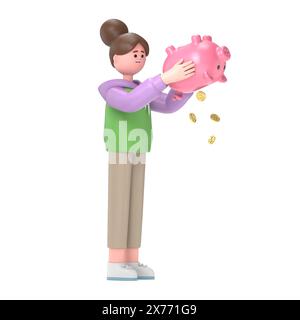 3D-Illustration eines asiatischen Mädchens Renae mit Schweinebank. Financial Crisis Concept, 3D-Illustration im Cartoon-Design.3D-Rendering auf weißem Hintergrund Stockfoto