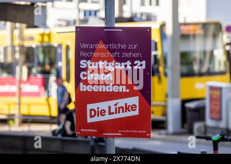 Wahl zum 10. Europäisches Parlament - 9. Juni 2024, Europawahl. Regionalwahl, Gemeinderatswahl. Wahlplakat der Partei DIE linke mit der Forderung: Stuttgart 21 Chaos beenden. // 15.05.2024: Stuttgart, Baden-Württemberg, Deutschland, Europa *** Wahl zum 10. Europaparlament am 9. Juni 2024, Europawahl Regionalwahl, Kommunalwahlplakat der Partei DIE linke mit der Forderung, das Chaos zu beenden Stuttgart 21 15 05 2024 Stuttgart, Baden Württemberg, Deutschland, Europa Stockfoto