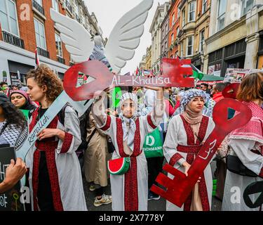 London, Großbritannien. Mai 2024. Palästina protestiert, um Nakba zu gedenken, und ruft auch zu einer Waffenruhe auf, um Israel von der Nähe der BBC nach Whitehall aufzuhalten. Das Volk reagiert weiterhin auf den israelischen Angriff auf Gaza. Der Protest wurde von Stop the war, der Palästinensischen Solidaritätskampagne UK und Friends of Al Aqsa und anderen organisiert. Guy Bell/Alamy Live News Stockfoto