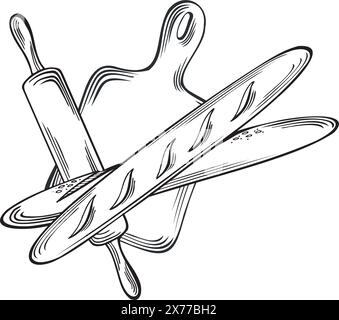 Baguettes und Backwerkzeuge. Backwaren, französisches Brot. Schneidebrett mit Rollstift, Instrumente. Vektorabwicklungsdarstellung, Umriss, isoliert. Temp Stock Vektor