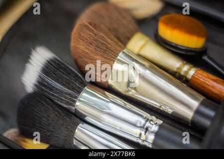 Verschiedene Make-up-Pinsel mit weichem Fokus auf dem Foto. Stockfoto