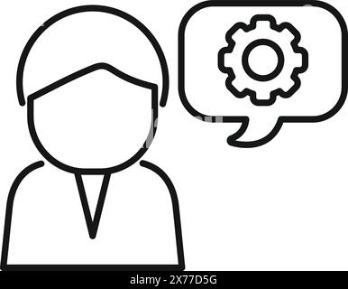 Vereinfachtes Symbol einer Person mit einem Zahnrad in einer Sprechblase, das den Kundenservice darstellt Stock Vektor
