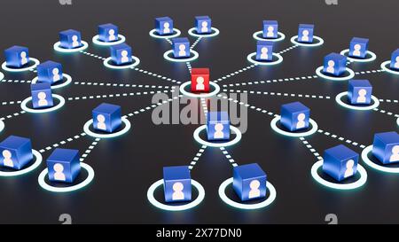 3D-Darstellung von Illustration des wachsenden Anschlusses von Menschen in sozialen Netzwerken, MLM-Netzwerk-Marketing-Diagrammstruktur Stockfoto