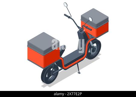 Isometrisches Motorrad Mit Roter Lieferung. Roller zur Lieferung von Speisen und Getränken. Lebensechtes Motorrad mit leerer Tasche, ideal für Restaurants und Cafés Stock Vektor