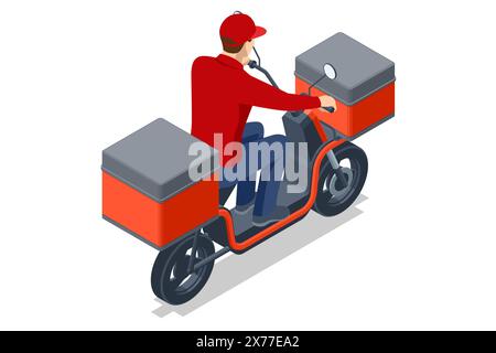 Isometrisches Rotes Liefermotorrad, Liefermann auf einem roten Roller. Roller zur Lieferung von Speisen und Getränken. Lebensechtes Motorrad mit Tasche, ideal Stock Vektor