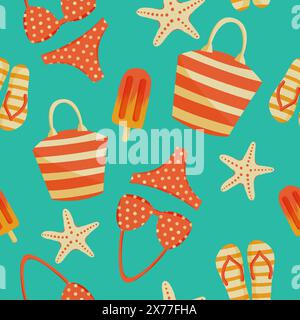 Strandtasche, Bikinizone, Seesterne, nahtloses Eismuster, Digitalpapier, gelber Hintergrund, flacher Stil, Retro-Farben Stockfoto