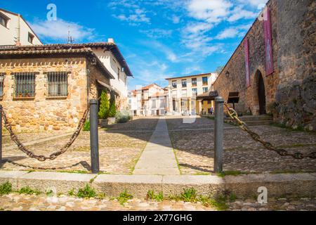 Straße mit Kopfsteinpflaster. Covarrubias, Provinz Burgos Castilla Leon, Spanien. Stockfoto