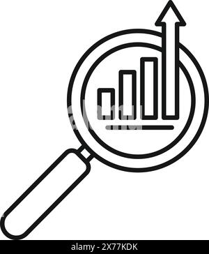 Symbol für vereinfachtes Strichbild, das eine Lupe darstellt, die auf einem aufsteigenden Diagramm fokussiert ist und die Analyse symbolisiert Stock Vektor