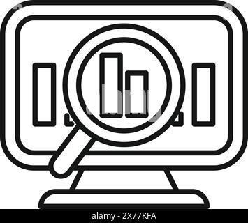 Modernes, flaches Design-Konzept für Datenanalyse, Statistik und Unternehmensforschung mit Computermonitor, Diagrammen, Lupe und Vektorillustration Stock Vektor