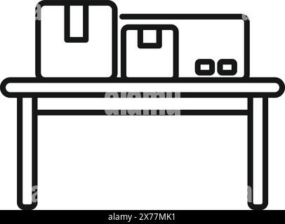 Einfache Strichdarstellung eines Bürotisches mit Paketen und Dokumenten, isoliert auf weiß Stock Vektor