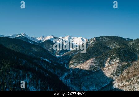 Luftlandschaft Berge bedeckt mit Wald und schneebedeckten Gipfeln im Hintergrund. Stockfoto