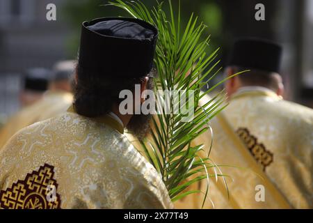 Rumänische orthodoxe Priester, die Palmblätter halten, gehen während einer Palmensonntag-Wallfahrt durch die Straßen von Bukarest. Stockfoto