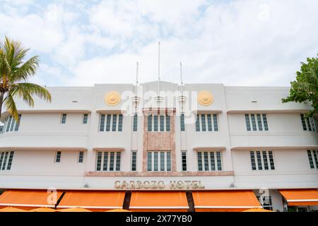 South Beach, Miami Beach, Florida - 4. April 2024: Das Cardozo Hotel im Art déco-Stil am Ocean Drive, das derzeit im Besitz von Gloria und Emilio Estefan ist Stockfoto