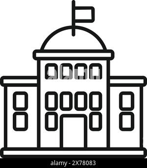 Regierungsgebäude Linie Symbol mit Flagge und Stadtlandschaft in schwarz-weiß minimalistische Vektor-Illustration des städtischen Gerichtsgebäudes und Stadtverwaltungssymbol Stock Vektor