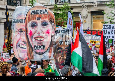 London, Großbritannien. 18. Mai 2024. Große Bildnisse von Angela Raynor und Sir Keir Starmer beschuldigen sie, sie seien Anhänger Israels, weil sie nicht zu einem sofortigen Waffenstillstand aufgerufen haben - nationale Demonstration zum Jahrestag der Nakba, als Hunderttausende von Palästinensern gezwungen wurden, ihr Land zu verlassen, um Platz für den israelischen Staat zu machen. Der pro-palästinensische Protest rief auch zu einer Waffenruhe auf und stoppte die Bewaffnung Israels. Sie marschierte von der BBC nach Whitehall. Das Volk reagiert weiterhin auf den israelischen Angriff in Gaza. Der Protest wurde von Stop the war, The Palestine S, organisiert Stockfoto