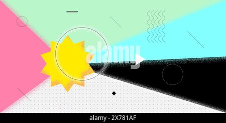 Abstraktes horizontales Banner im Retro-Stil im minimalistischen Sommer. Schweizer naive brutale zeitgenössische Figur geometrische Sonne. Sommer-Vibe bauhaus-Grafik. Trendige, minimalistische, asymmetrische Kunstwerke der Saison Stock Vektor